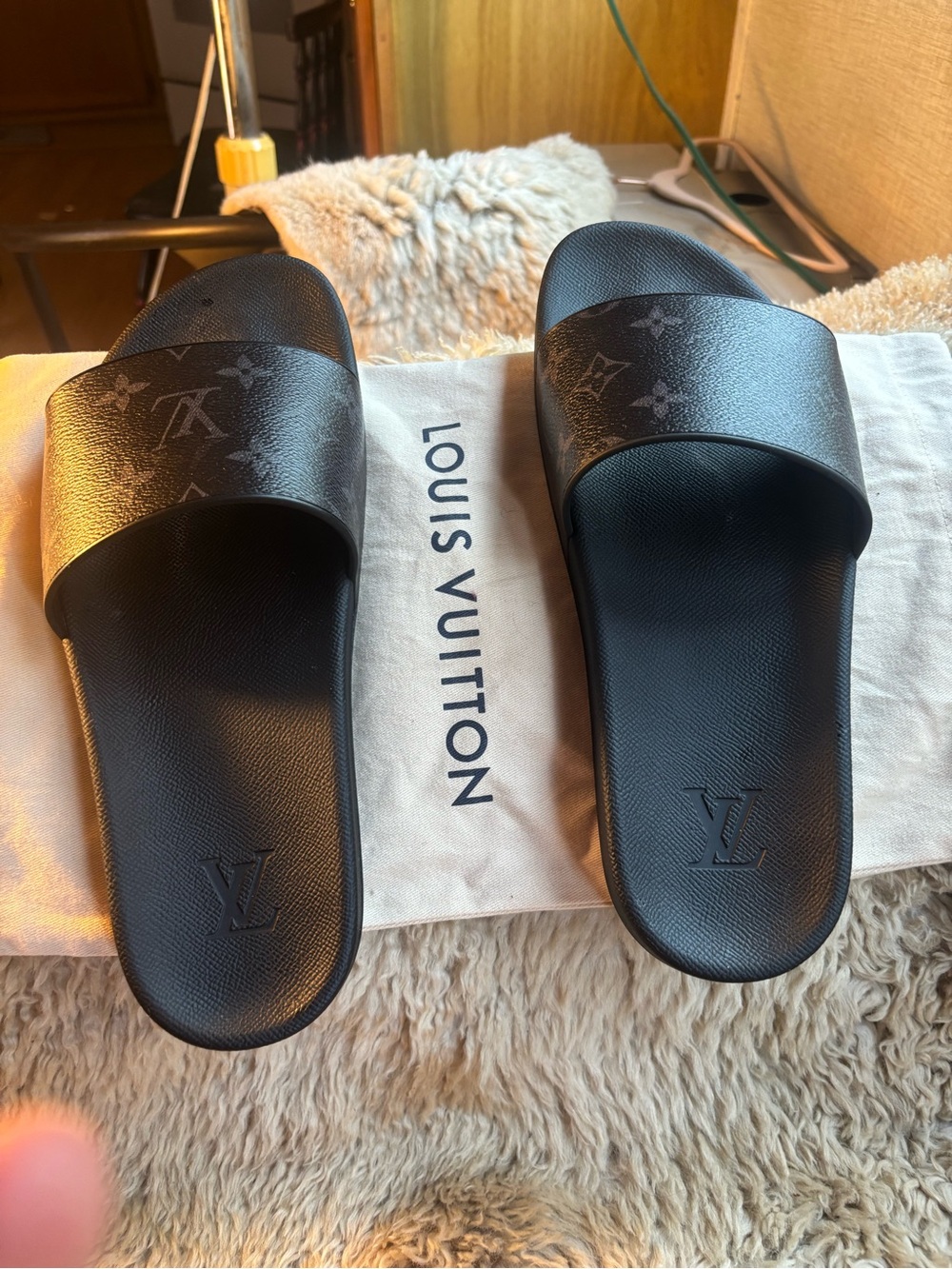 Louis Vuitton Black Monogram waterfront slides men’s size 8.5